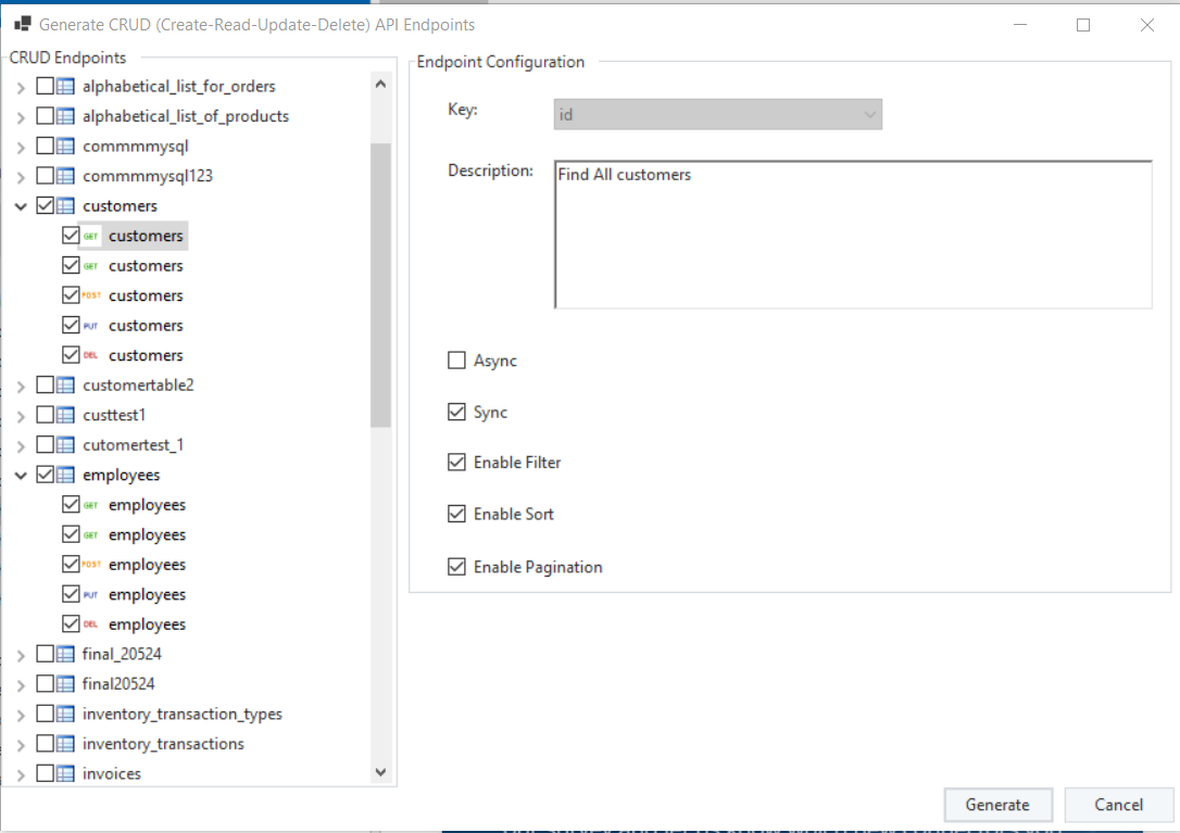 Table and operations selection.