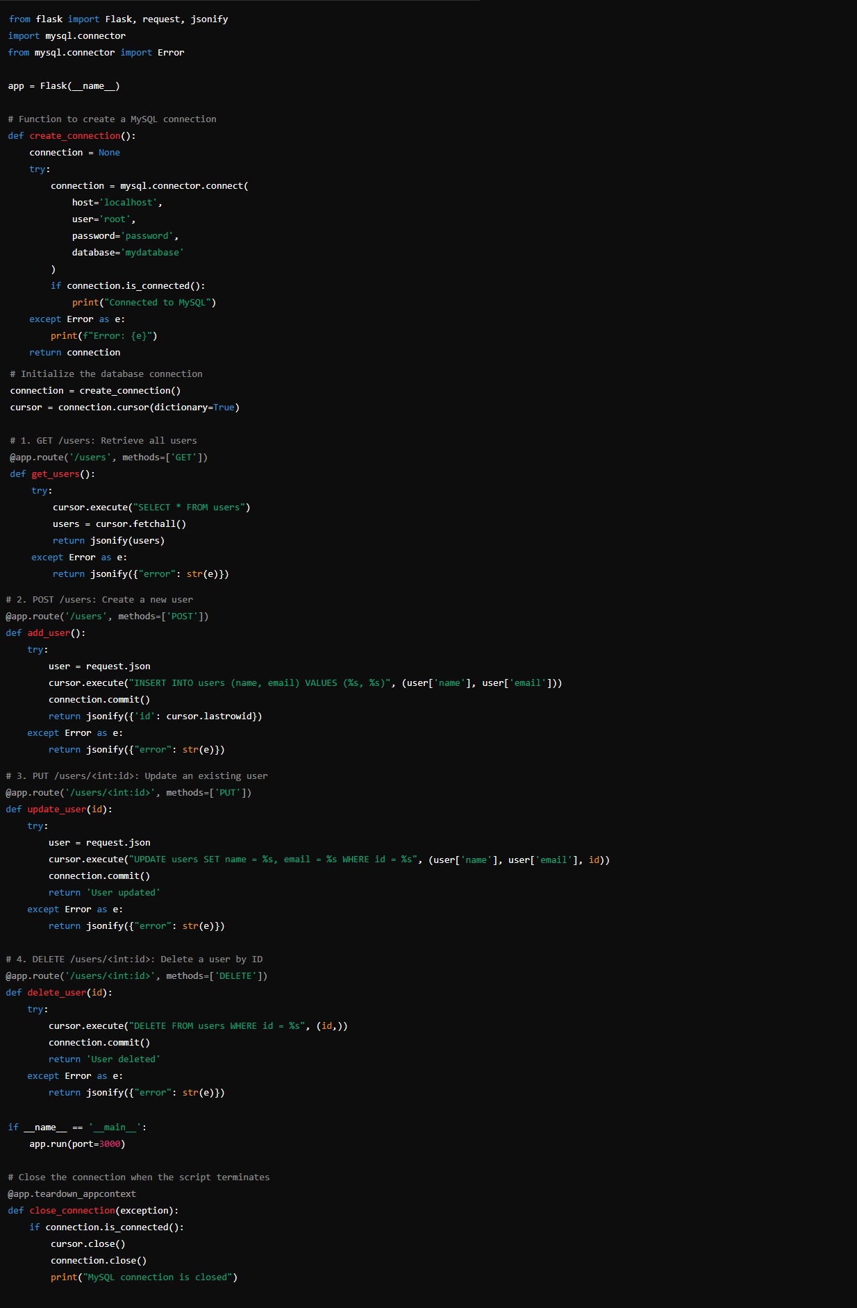 Code for designing a REST API in Python using the Flask framework.